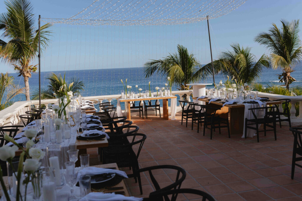 Oceanfront reception table setup at Casa Mariposa Villa, Los Cabos