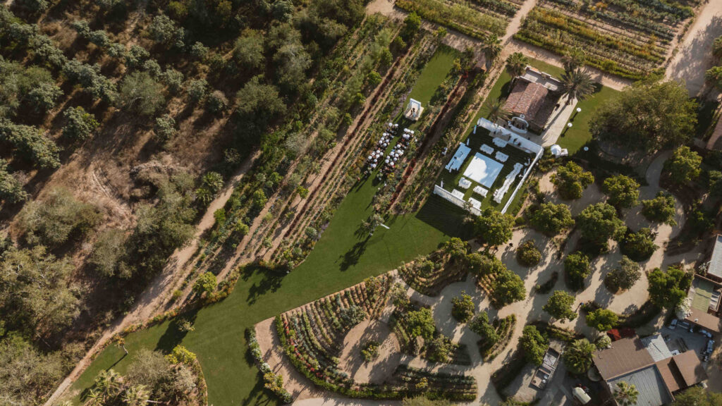 Aerial view of the ivory-draped reception tent and vineyard rows at a Flora Farms wedding